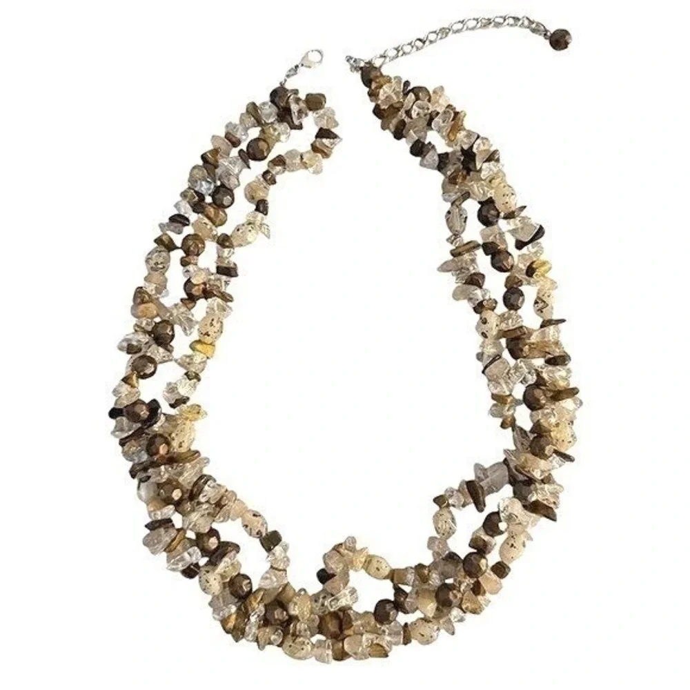 Beaded Three Strand Stone Necklace Lobster Brown‎ Tan Clear 19 to 23 in Jewelry